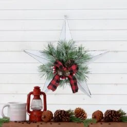 Northlight 17" White 5 Point Christmas Star With Plaid Ribbon With Artificial Pine -Northlight 1152950183611947680