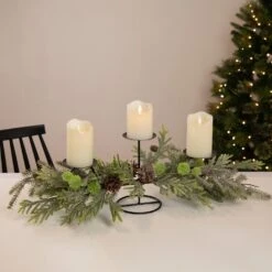 Northlight Triple Candle Holder With Frosted Foliage And Pine Cones Christmas Decoration - 26" Black -Northlight 1153067732246283488