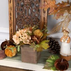 Northlight Floral And Pumpkin Wooden Box Fall Harvest Decoration - 10" X 8" - Orange And Brown -Northlight 1153067732694877408