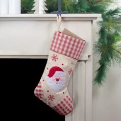 Northlight 16.5" Red And Ivory Embroidered Santa Claus Christmas Stocking With Gingham Cuff -Northlight 1153422313939919520
