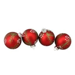 Northlight Glittered Pine Needle Glass Christmas Ball Ornaments - 3" (75mm) - Red - 4ct