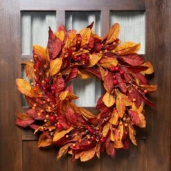 Northlight Berries With Leaves Artificial Fall Harvest Twig Wreath - 24" Red -Northlight 12592836660656 2