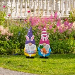 Northlight Happy Easter Gnomes Outdoor Garden Stakes - 27" - Set Of 2 Pink -Northlight 131722089916432 2
