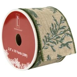 Northlight Brown With Green Leaves Wired Craft Ribbon 2.5" X 10 Yards