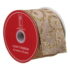 Northlight Burlap And Gold Scroll Christmas Wired Craft Ribbon 2.5" X 10 Yards Brown 10 Northlight Burlap And Gold Scroll Christmas Wired Craft Ribbon 2.5" X 10 Yards Brown -Northlight 146227937035488