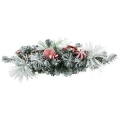 Northlight Triple Candle Holder With Flocked Pine And Christmas Ornaments - 32" - Red And White -Northlight 146228356465888