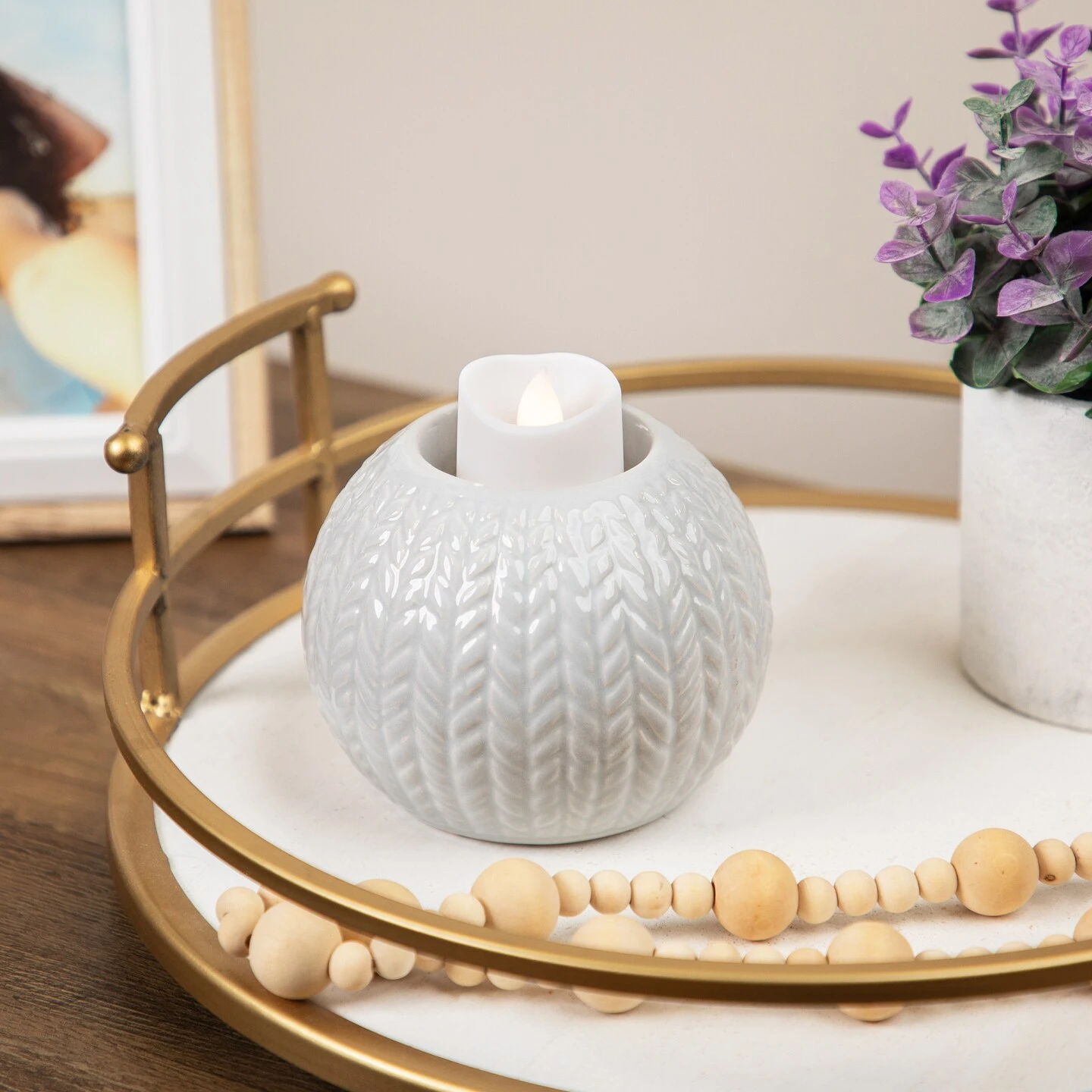 Northlight Ceramic Cable Knit Christmas Candle Holder - 3.75" - Gray 3 Northlight Ceramic Cable Knit Christmas Candle Holder - 3.75" - Gray