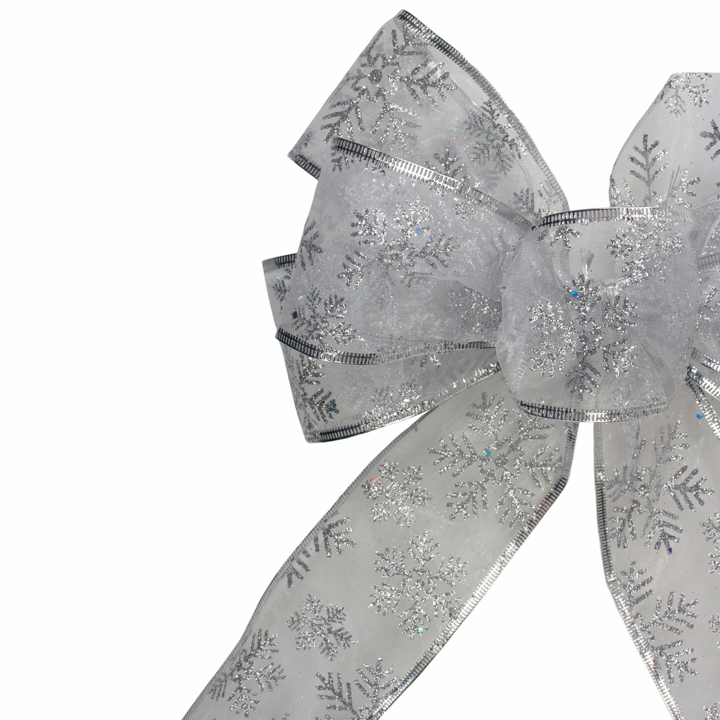 Northlight Glitter Snowflake 6-Loop Sheer Christmas Bow Decoration - 9" X 14" - Silver White 6 Northlight Glitter Snowflake 6-Loop Sheer Christmas Bow Decoration - 9" X 14" - Silver White - Image 4