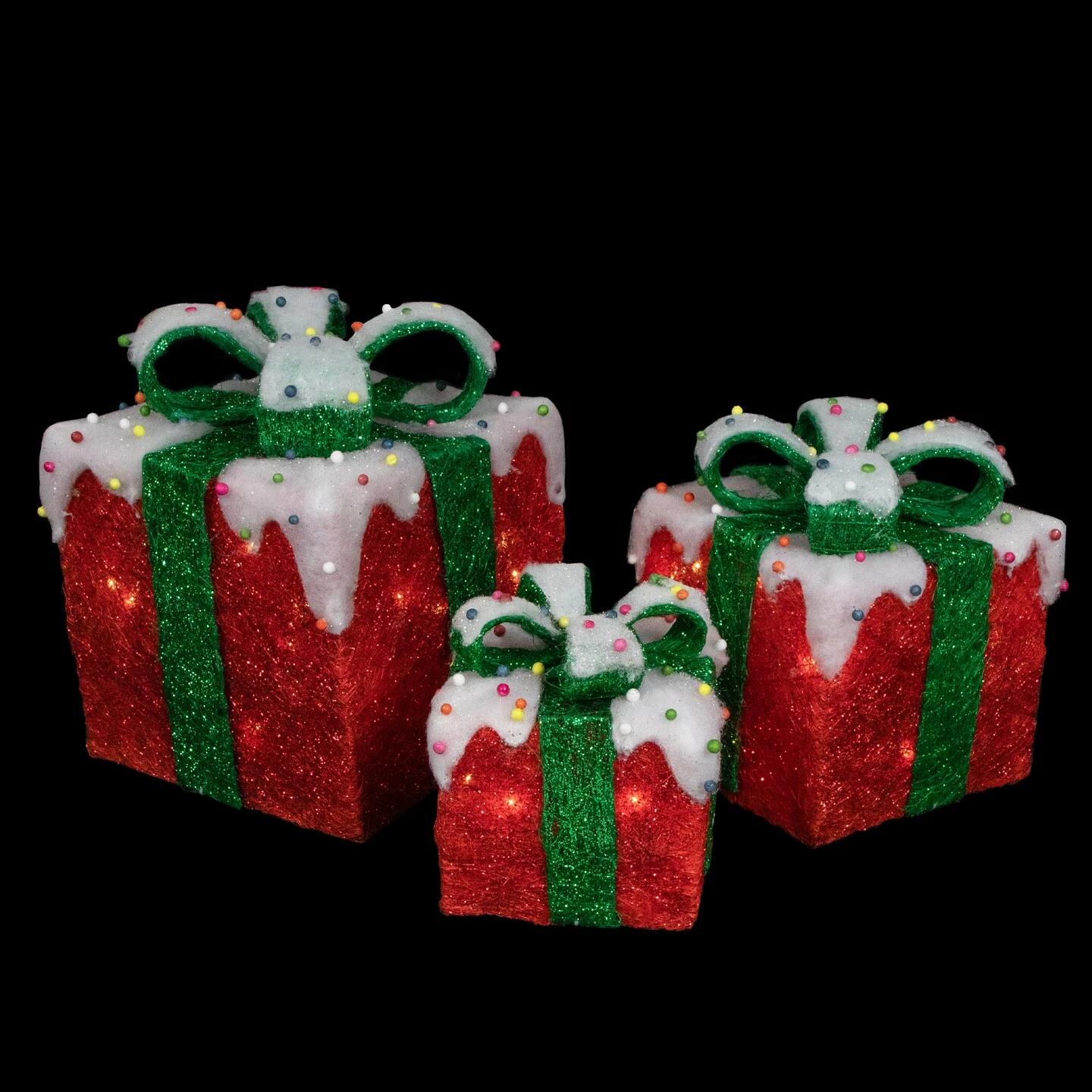 Northlight Lighted Snow And Candy Covered Sisal Gift Boxes Outdoor Christmas Decorations - Set Of 3 Red 6 Northlight Lighted Snow And Candy Covered Sisal Gift Boxes Outdoor Christmas Decorations - Set Of 3 Red - Image 4
