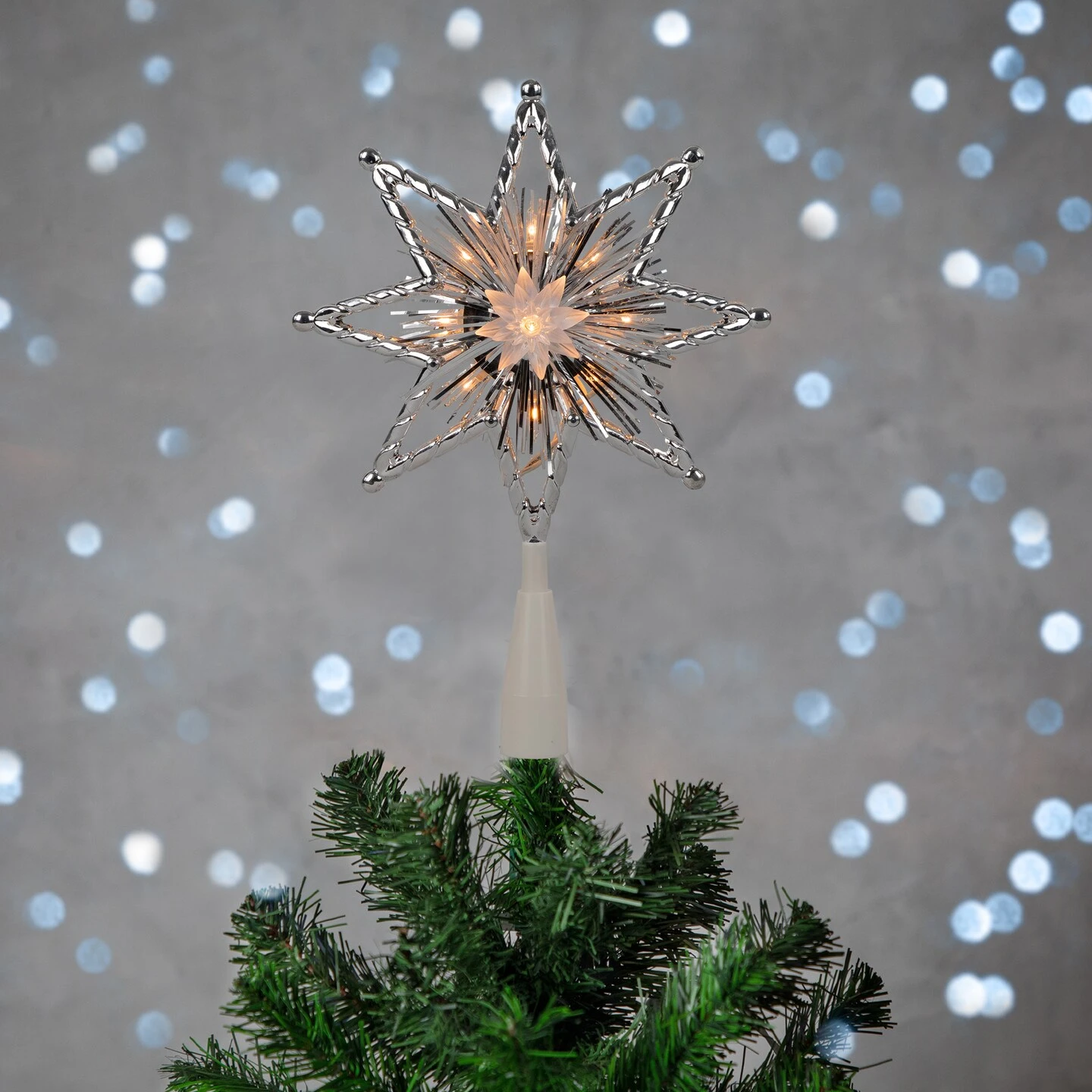 Northlight 8" Lighted Silver Tinsel Star Christmas Tree Topper - Clear Lights, White Wire 5 Northlight 8" Lighted Silver Tinsel Star Christmas Tree Topper - Clear Lights, White Wire - Image 3