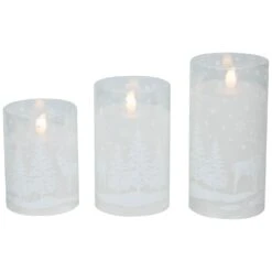 Northlight LED Flameless Flickering Snowy Woodland Glass Christmas Pillar Candles - 6" - Set Of 3 White -Northlight 197699244737760