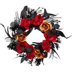 Northlight Roses With Mixed Foliage Halloween Wreath - 22" - Red And Gold - Unlit Black -Northlight 20436878224816