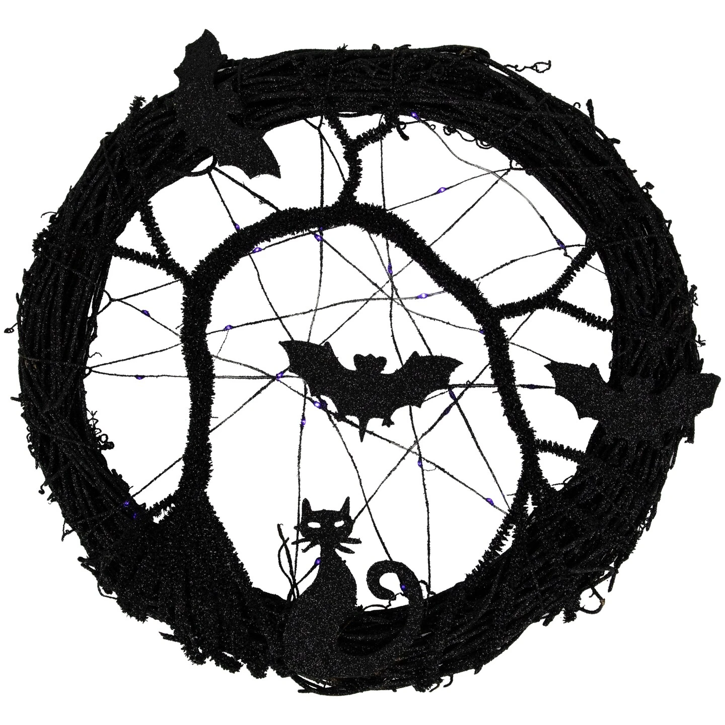 Northlight LED Lighted Black Twig Halloween Wreath With Bats - 13" - Purple Lights 5 Northlight LED Lighted Black Twig Halloween Wreath With Bats - 13" - Purple Lights - Image 3