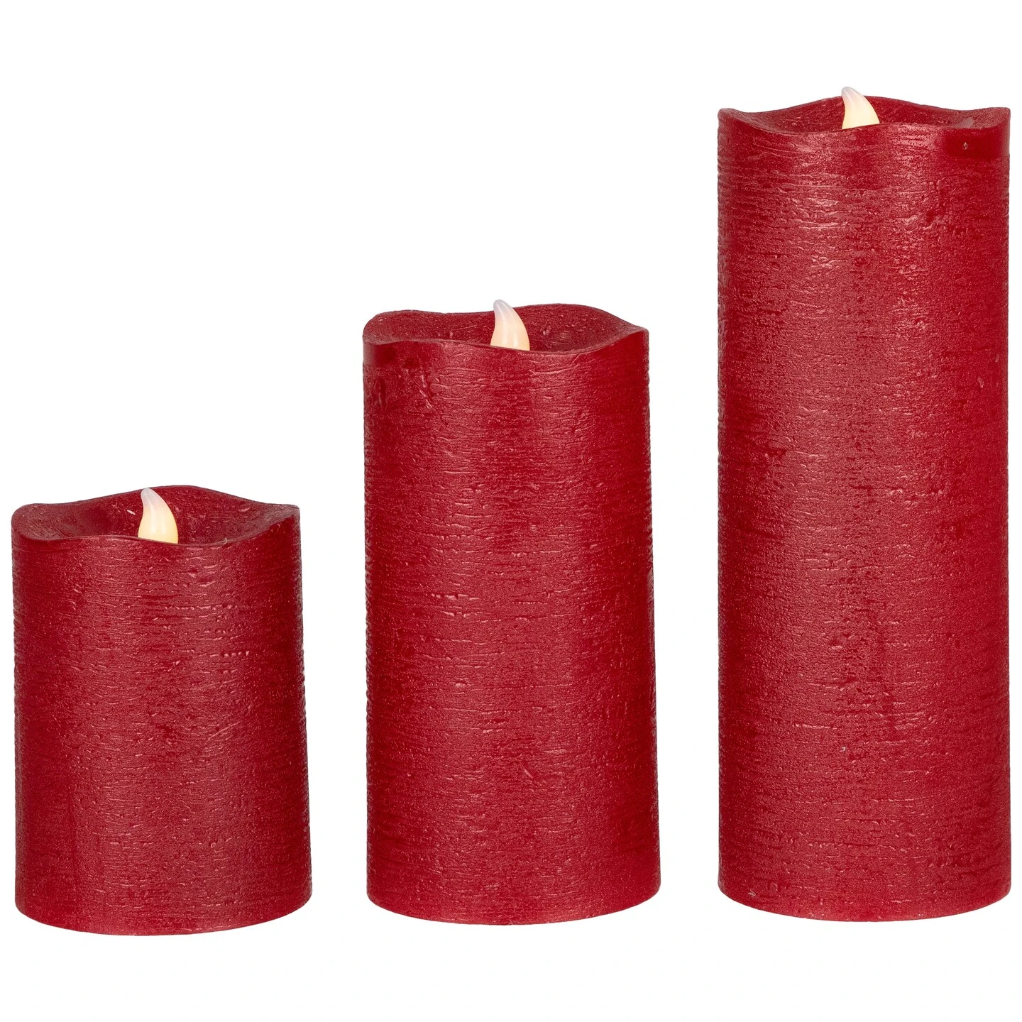 Northlight LED Flickering Flameless Textured Wax Pillar Candles - 8" - Red - Set Of 3 3 Northlight LED Flickering Flameless Textured Wax Pillar Candles - 8" - Red - Set Of 3