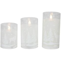 Northlight LED Flameless Flickering Snowy Woodland Glass Christmas Pillar Candles - 6" - Set Of 3 White -Northlight 215844953698528 2