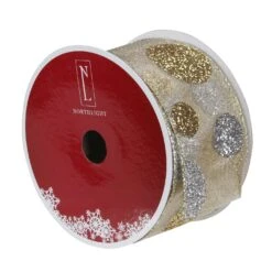 Northlight Glitter Gold And Silver Polka Dotted Christmas Wired Ribbon 2.5" X 16 Yards -Northlight 224735887992112