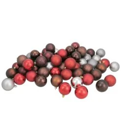 Northlight Shatterproof 4-Finish Christmas Ball Ornaments - 2.5" (60mm) - Brown, Red And Silver - 60ct