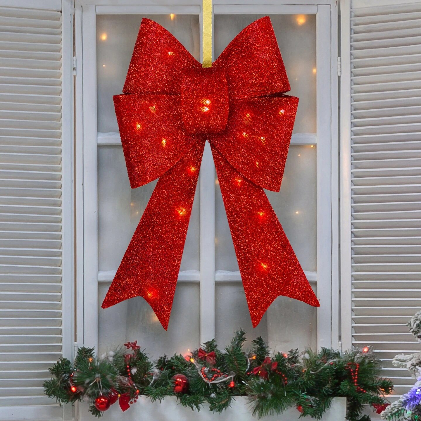 Northlight 26" LED Lighted Red Tinsel Bow Christmas Decoration 5 Northlight 26" LED Lighted Red Tinsel Bow Christmas Decoration - Image 3