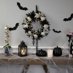 Northlight Skulls And Chains With Roses Halloween Wreath - 15" - Unlit Gray -Northlight 2305899223146644704