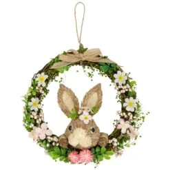 Northlight Spring Floral Easter Wreath With Peering Rabbit - 11" - Green And Pink Brown -Northlight 2305974730300687376 2
