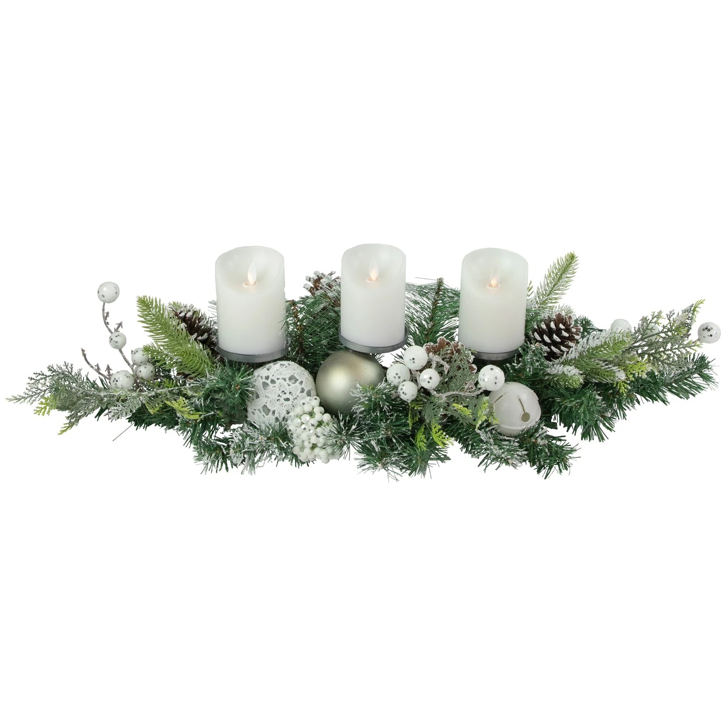 Northlight Frosted Pine And Pinecones With Laced Ornaments Christmas Triple Candle Holder - 32" White 6 Northlight Frosted Pine And Pinecones With Laced Ornaments Christmas Triple Candle Holder - 32" White - Image 4