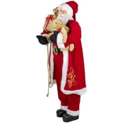 Northlight 5' Traditional Santa Claus With Teddy Bear And Gift Bag Standing Christmas Figure Red -Northlight 2305989237635171552
