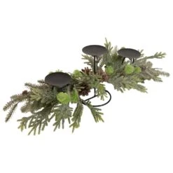 Northlight Triple Candle Holder With Frosted Foliage And Pine Cones Christmas Decoration - 26" Black -Northlight 2306015172013147360