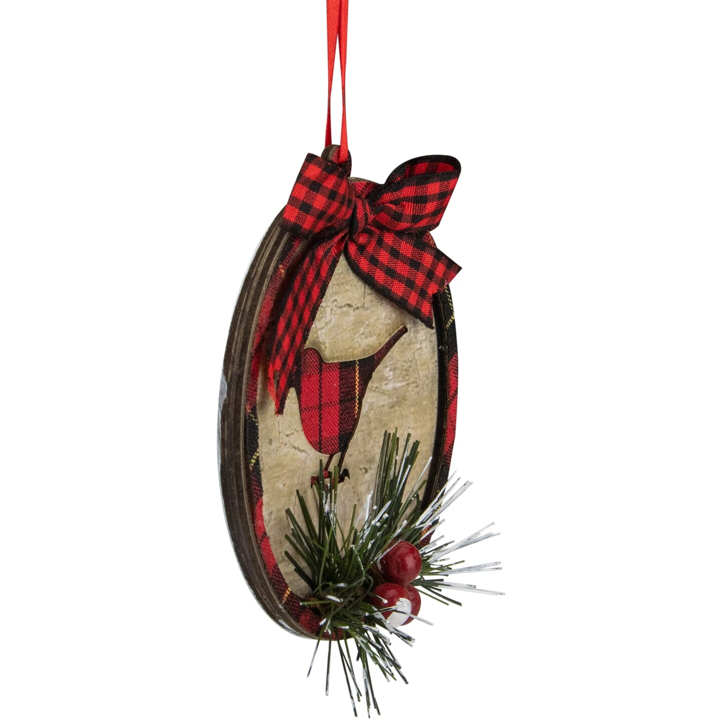 Northlight Plaid Cardinal Disc Christmas Ornament - 4" - Red And Black 6 Northlight Plaid Cardinal Disc Christmas Ornament - 4" - Red And Black - Image 4