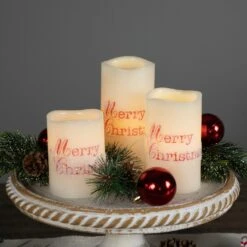 Northlight LED Flameless Frosted "Merry Christmas" Wax Pillar Candles - 6" - Set Of 3 White 13 Northlight LED Flameless Frosted "Merry Christmas" Wax Pillar Candles - 6" - Set Of 3 White -Northlight 2306058853384888544