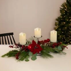 Northlight Poinsettia And Berries Christmas Tripe Pillar Candle Holder - 32" Green 12 Northlight Poinsettia And Berries Christmas Tripe Pillar Candle Holder - 32" Green -Northlight 2306112583453228000