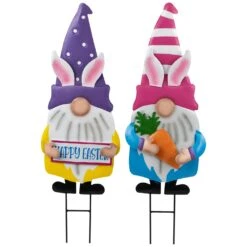 Northlight Happy Easter Gnomes Outdoor Garden Stakes - 27" - Set Of 2 Pink -Northlight 2306121895136782352