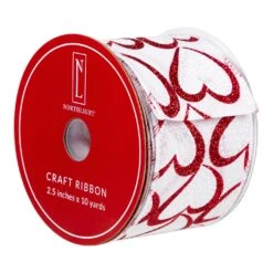 Northlight Glitter Hearts Valentine's Wired Craft Ribbon - 2.5" X 10 Yards - White And Red -Northlight 2306143986071146672