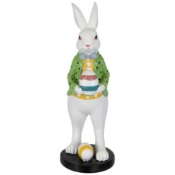 Northlight Rabbit Holding Easter Egg Outdoor Garden Statue - 11.5" - White Multi -Northlight 2306202952991216656