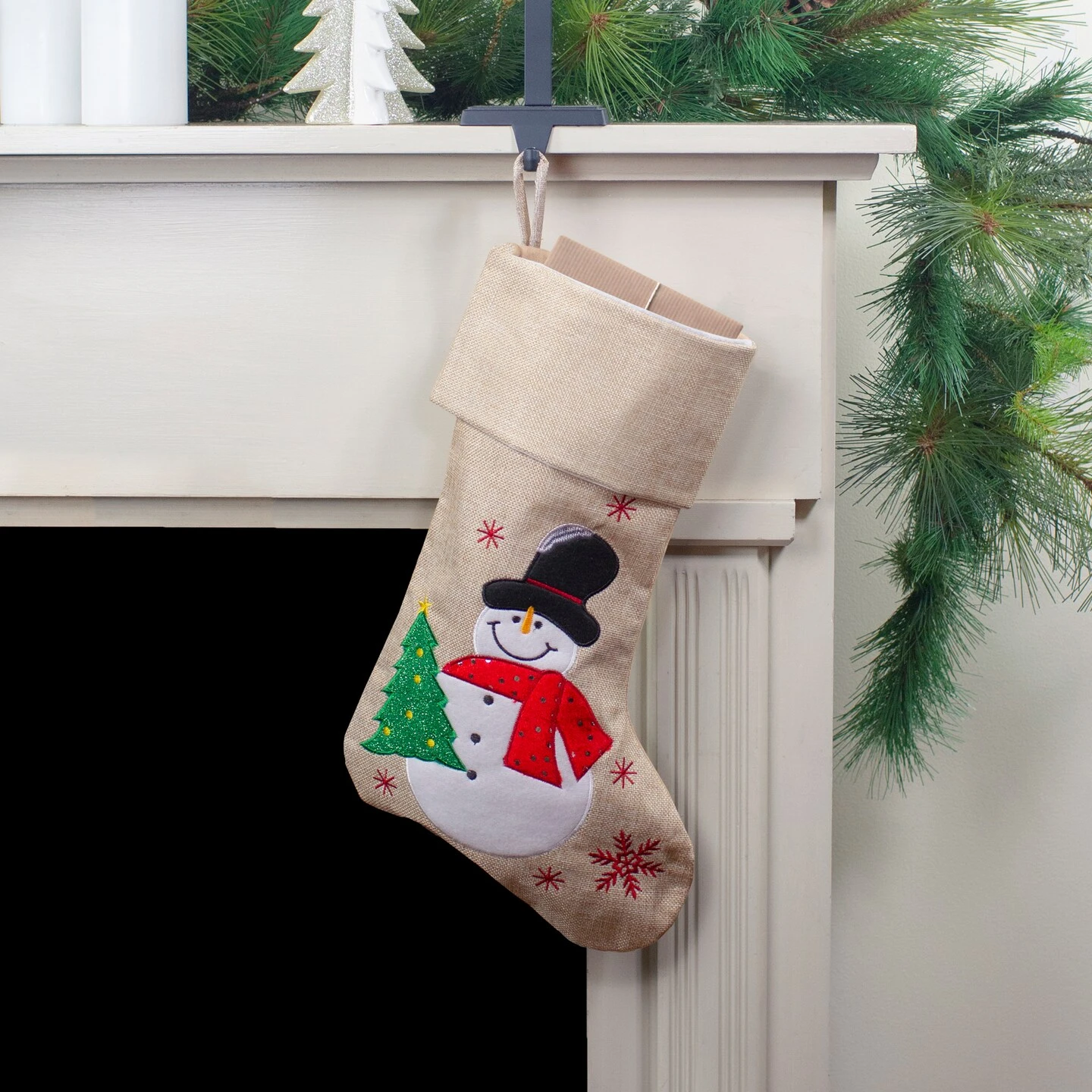 Northlight 19" Burlap Standing Snowman With A Tree And Snowflakes Christmas Stocking Beige 5 Northlight 19" Burlap Standing Snowman With A Tree And Snowflakes Christmas Stocking Beige - Image 3
