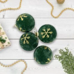 Northlight Velvet Glass Christmas Ball Ornaments With Gold Snowflakes - 3" (75mm) - Green - 4ct 12 Northlight Velvet Glass Christmas Ball Ornaments With Gold Snowflakes - 3" (75mm) - Green - 4ct -Northlight 2306223301256405664