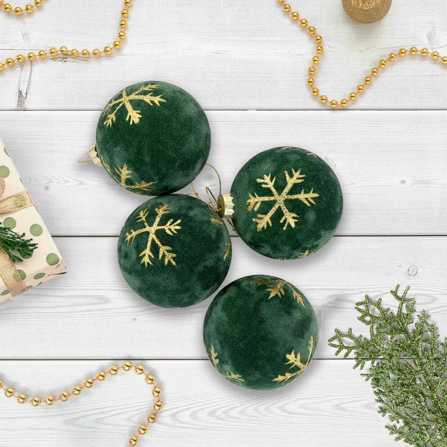 Northlight Velvet Glass Christmas Ball Ornaments With Gold Snowflakes - 3" (75mm) - Green - 4ct 5 Northlight Velvet Glass Christmas Ball Ornaments With Gold Snowflakes - 3" (75mm) - Green - 4ct - Image 3