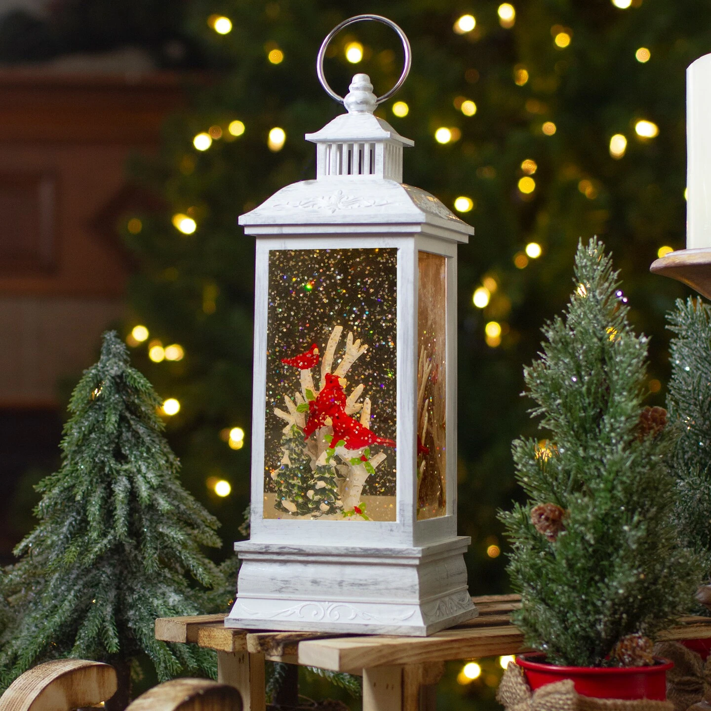Northlight Brushed Christmas Cardinals Snow Globe Lantern - 11" - White And Silver 5 Northlight Brushed Christmas Cardinals Snow Globe Lantern - 11" - White And Silver - Image 3