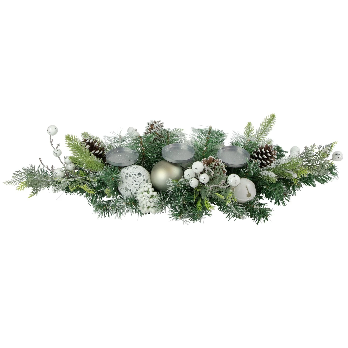 Northlight Frosted Pine And Pinecones With Laced Ornaments Christmas Triple Candle Holder - 32" White 9 Northlight Frosted Pine And Pinecones With Laced Ornaments Christmas Triple Candle Holder - 32" White - Image 7