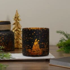 Northlight 6" Black And Gold Deer And Pine Trees Flameless Glass Candle Holder -Northlight 2306223302610117280