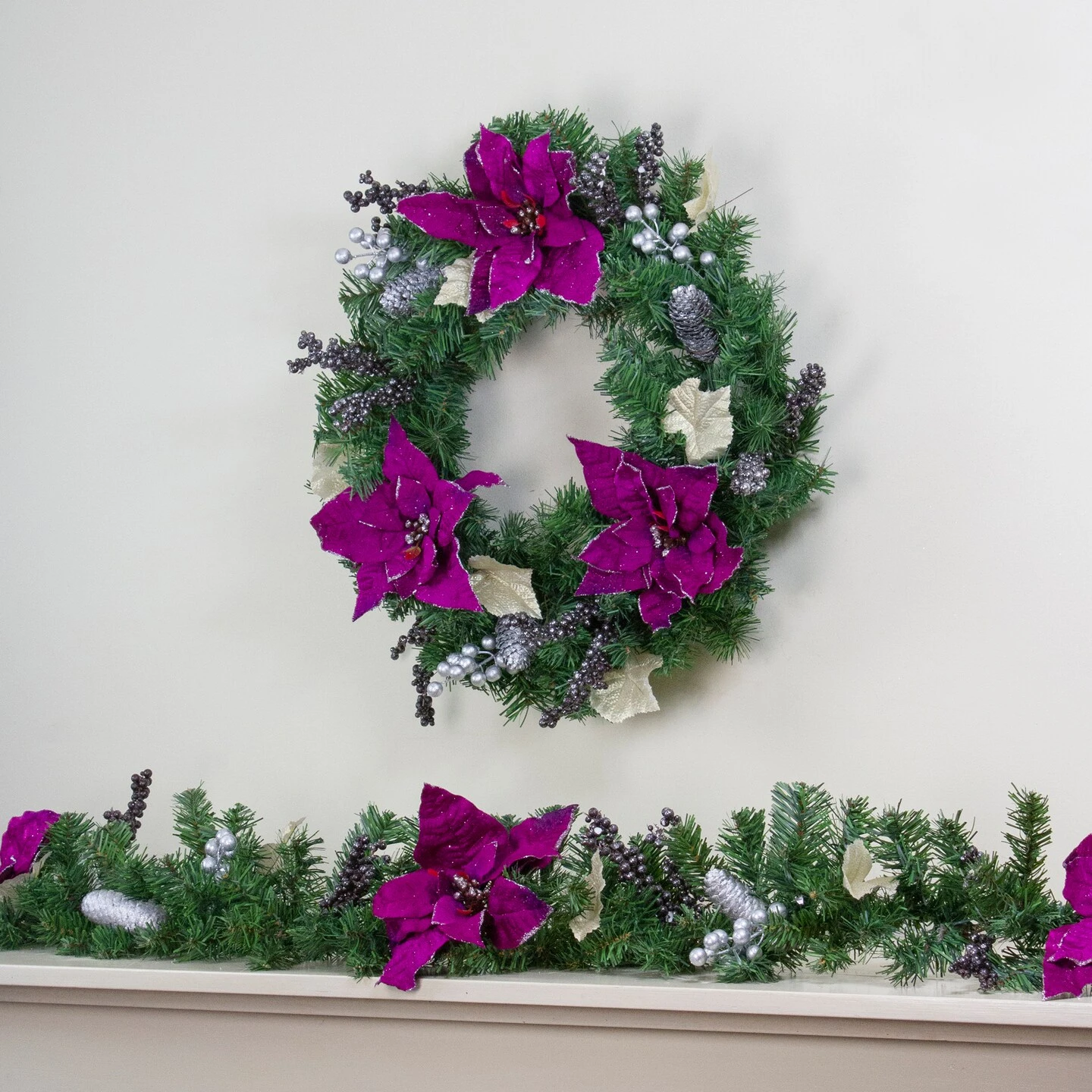 Northlight Poinsettia And Pine Cone Berries Artificial Christmas Wreath - 24" - Purple - Unlit 5 Northlight Poinsettia And Pine Cone Berries Artificial Christmas Wreath - 24" - Purple - Unlit - Image 3