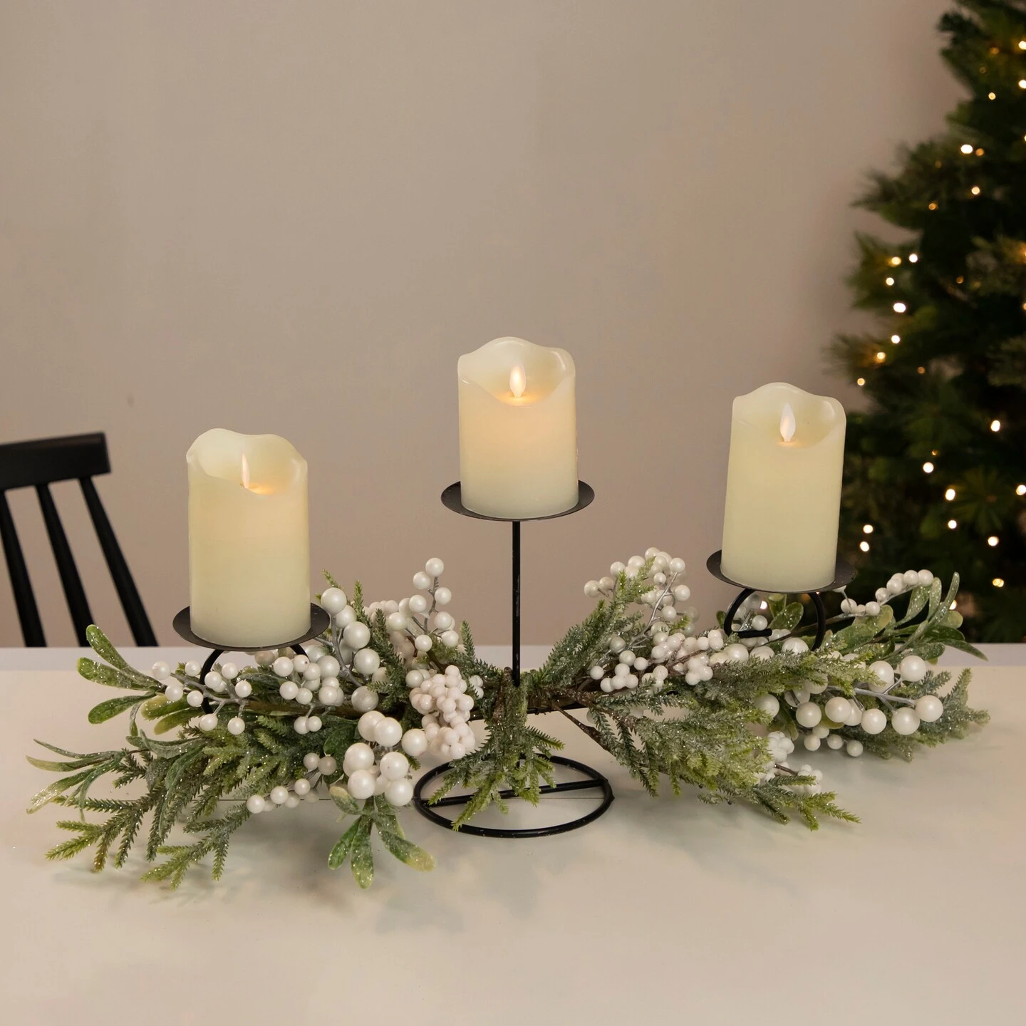Northlight Frosted Mixed Foliage And Berries Christmas Triple Pillar Candle Holder - 26" Black 6 Northlight Frosted Mixed Foliage And Berries Christmas Triple Pillar Candle Holder - 26" Black - Image 4