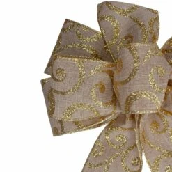 Northlight Burlap Glitter Scroll 6-Loop Christmas Bow Decoration - 9" X 14" - Brown And Gold -Northlight 2306315552659752160