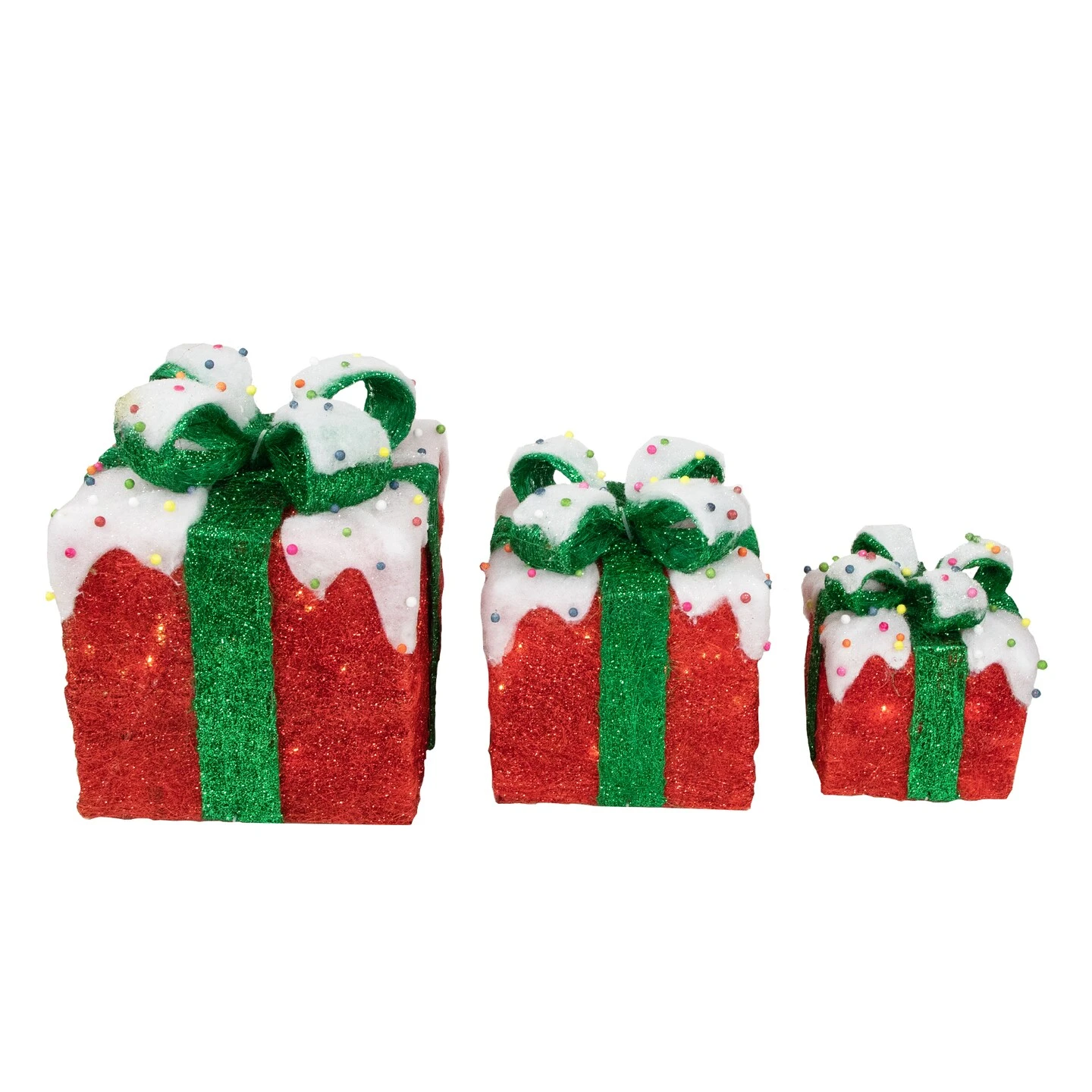 Northlight Lighted Snow And Candy Covered Sisal Gift Boxes Outdoor Christmas Decorations - Set Of 3 Red 7 Northlight Lighted Snow And Candy Covered Sisal Gift Boxes Outdoor Christmas Decorations - Set Of 3 Red - Image 5