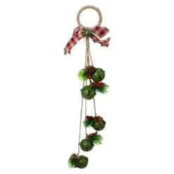 Northlight 15-Inch Pine And Green Jingle Bell Christmas Door Hanger With Plaid Bow -Northlight 2306343817639223968 2