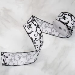 Northlight Black Grosgrain With White Floral Design Wired Craft Ribbon 2.5" X 10 Yards -Northlight 2306343817681167008