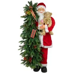 Northlight 48" Musical Santa Claus With Lighted Christmas Tree And Teddy Bear Standing Christmas Figure Red -Northlight 2306343818317128352 1