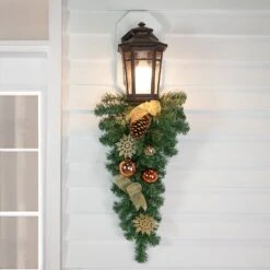 Northlight Snowflake, Ornaments And Bows Artificial Pine Christmas Teardrop Swag - 26" - Unlit Green -Northlight 2306343819168703136