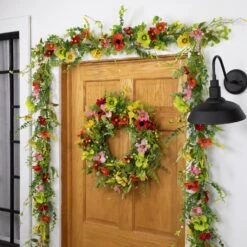 Northlight Poppy And Eucalyptus Spring Garland - 5' - Red And Yellow -Northlight 2306349032673643536