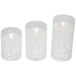 Northlight LED Flameless Flickering Snowy Woodland Glass Christmas Pillar Candles - 6" - Set Of 3 White -Northlight 2306357947627816160