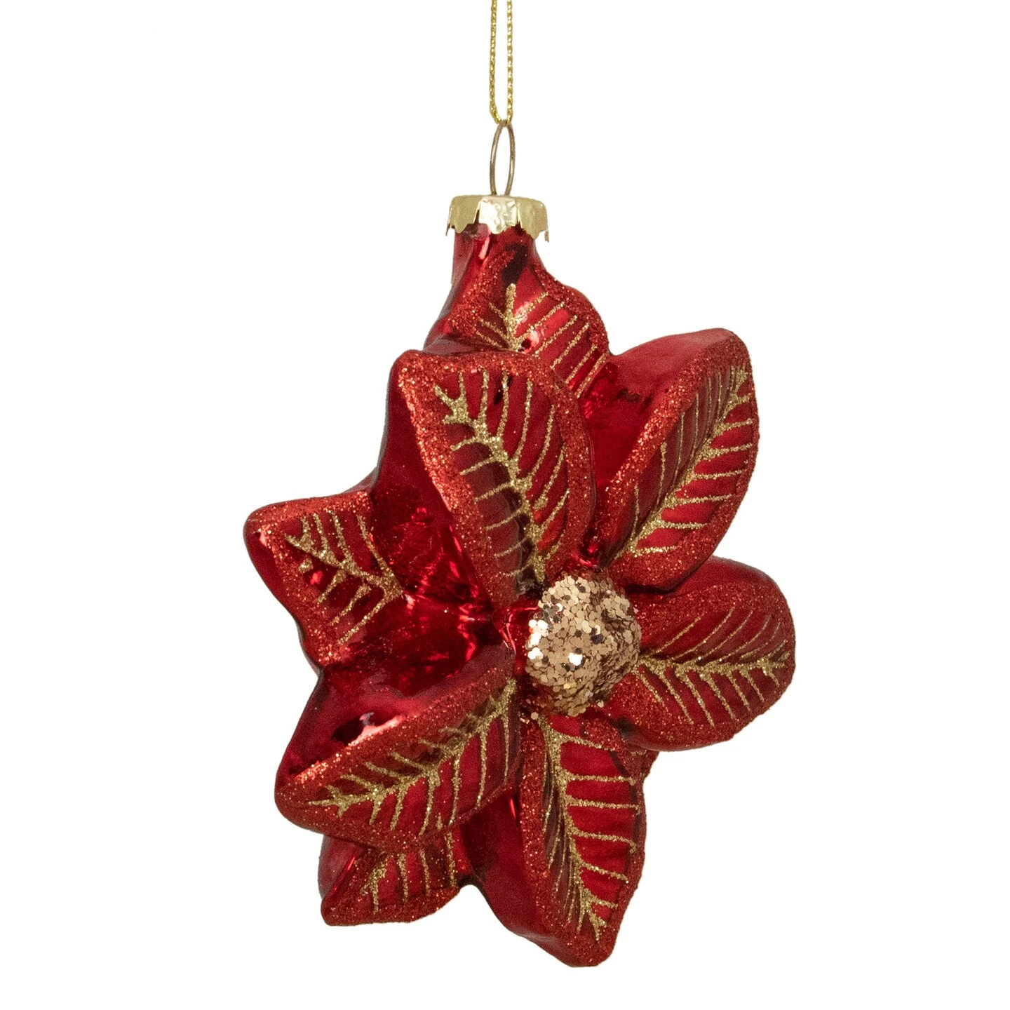 Northlight 4.5" Red And Gold Glittery Poinsettia Glass Christmas Ornament 6 Northlight 4.5" Red And Gold Glittery Poinsettia Glass Christmas Ornament - Image 4